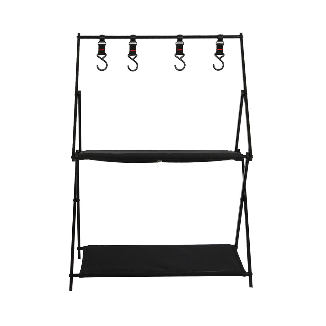 Levede Foldable Camping Storage Shelves 2 Layer with Hooks Black