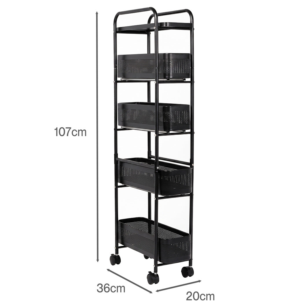 Levede 5 Tier Storage Trolley Slim With Pull Out Drawers For Home Kitchen Black