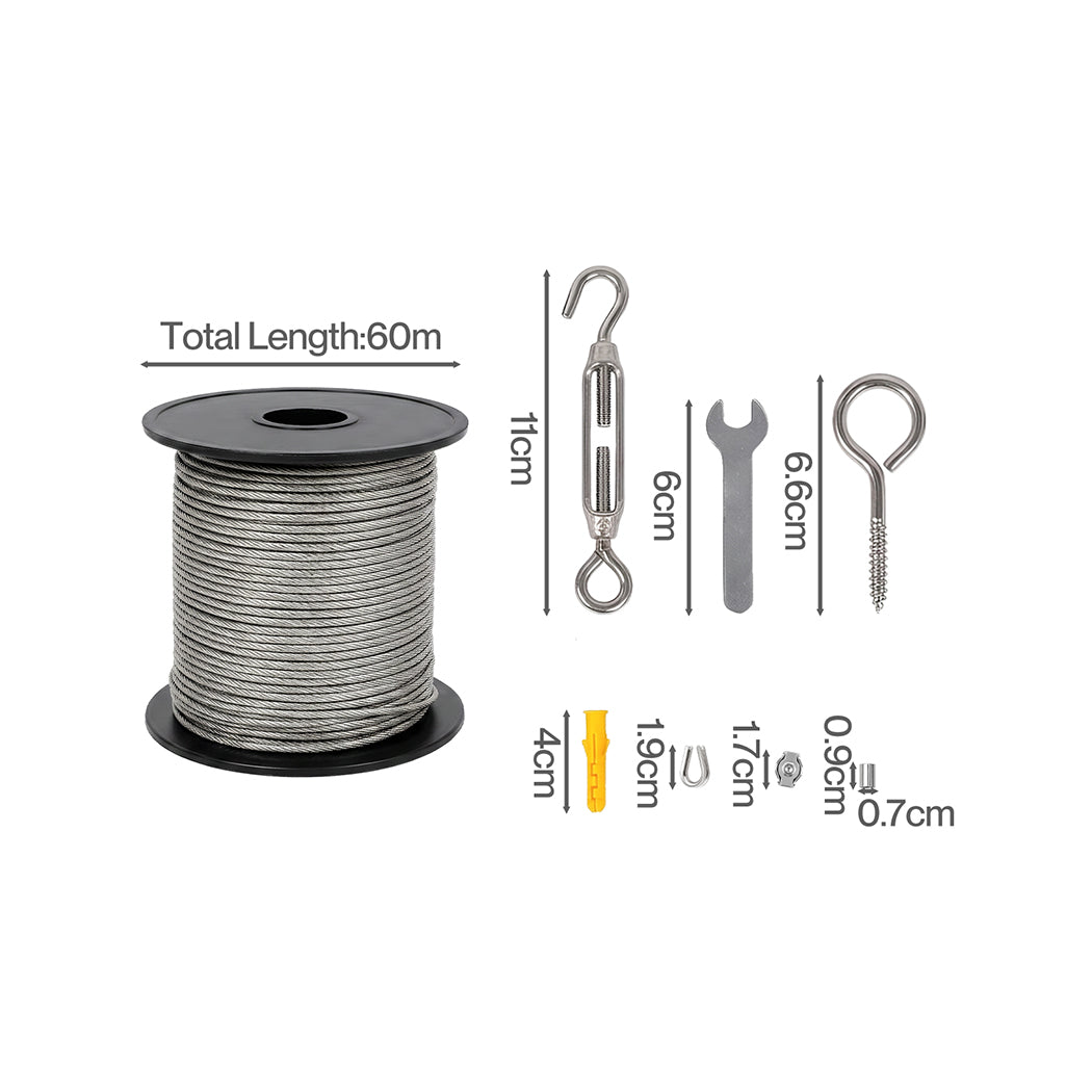 Traderight Wire Rope Kit 60M 2mm Stainless Steel Garden for Climbing Plants