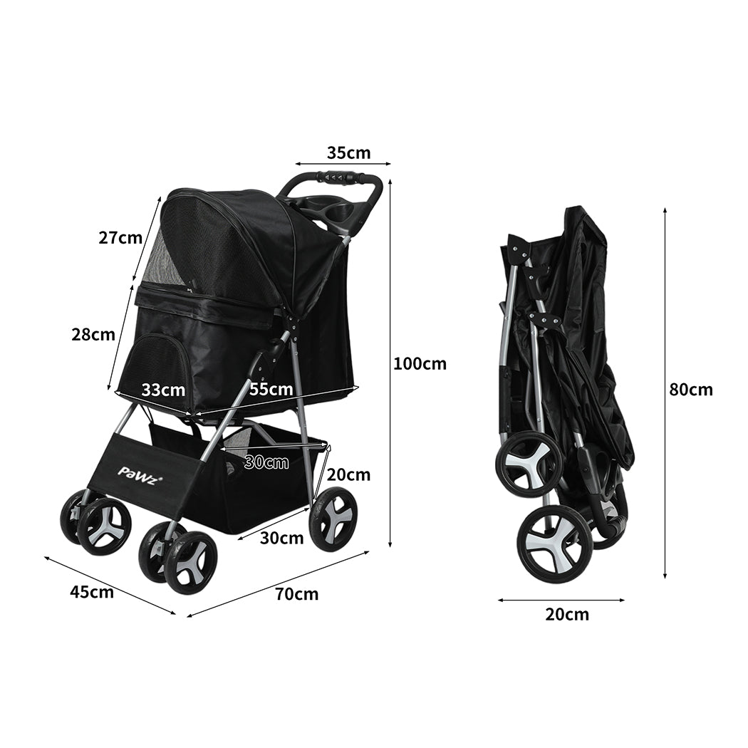 PaWz 4 Wheels Pet Stroller Dog Cat Cage Black