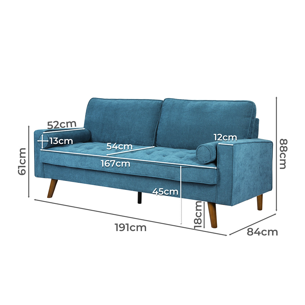 Levede Fabric Sofa Armchair 3 Seater Couch Blue 191cm Wide