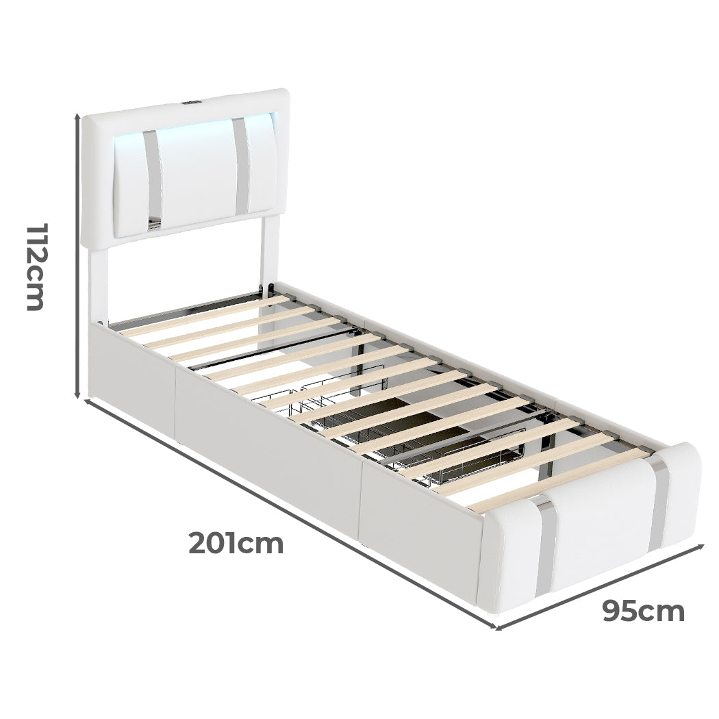 Levede Single Bed Frame Leather Headboard RGB 2 Drawers