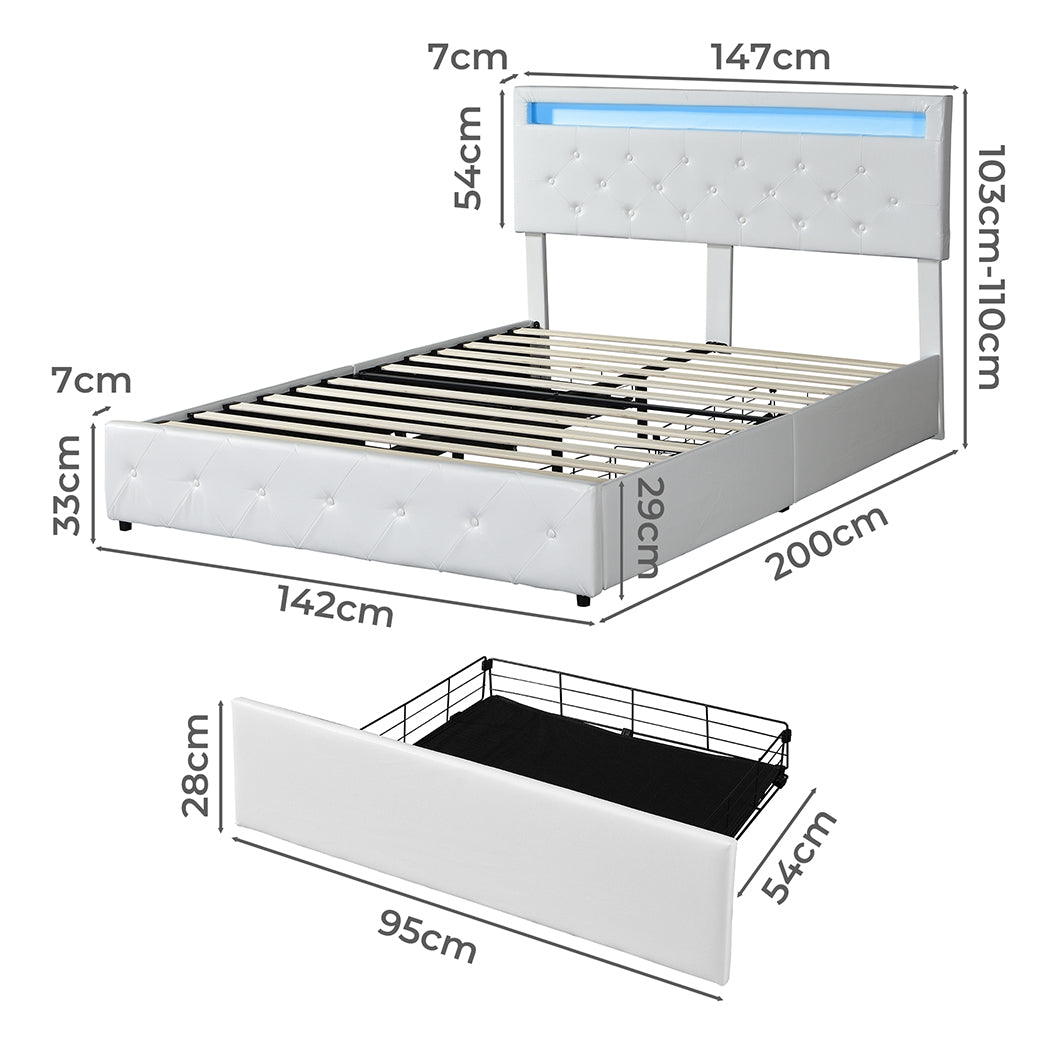 Levede Double Bed Frame RGB LED PU 4 Drawer USB