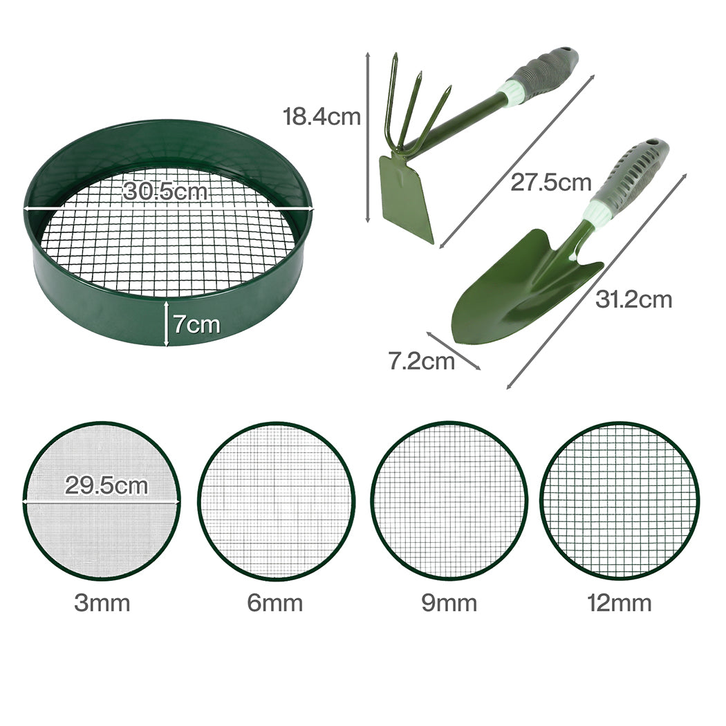 Garden Sieve Soil Sifter Set Metal 4 Mesh Inserts Shovel Hoe for Pots Green