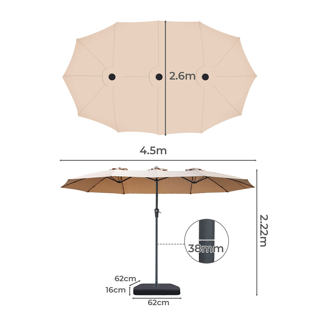 Centra 4.5M Double-sided Patio Umbrella Outdoor Umbrella Base Stand Khaki