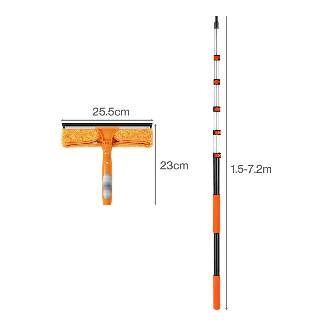 Traderight 7.2M Telescopic Window Cleaner 2-In-1 180°Rotating Squeegee Orange