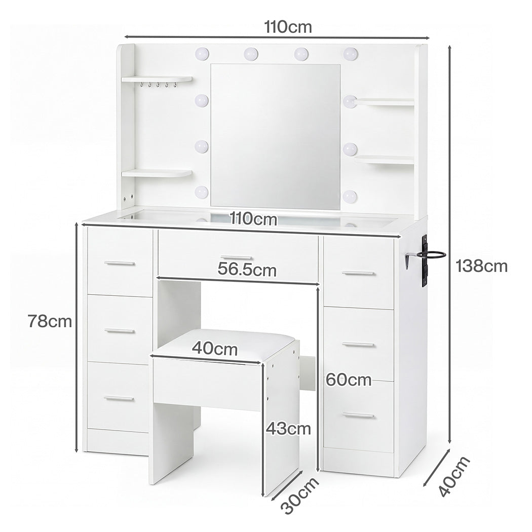 Levede Dressing Table Makeup Vanity with Lights Glass Desktop 7 Drawers White