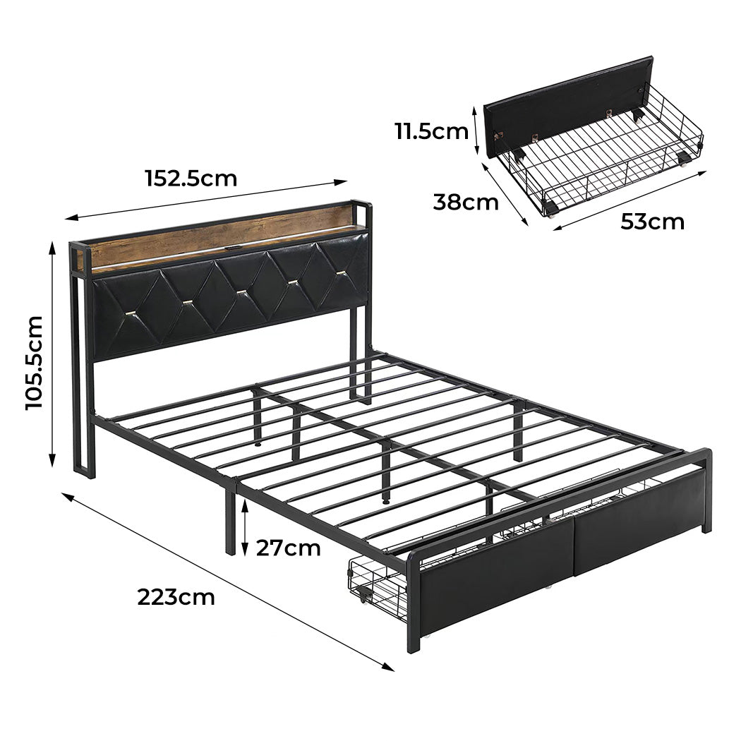 Levede King Bed Frame Leather Headboard RGB 2 Drawers