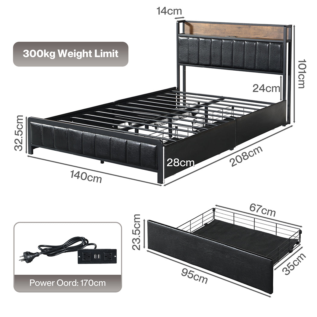 Levede Double Bed Frame PU Mattress Base Storage Drawer Headboard USB Charge