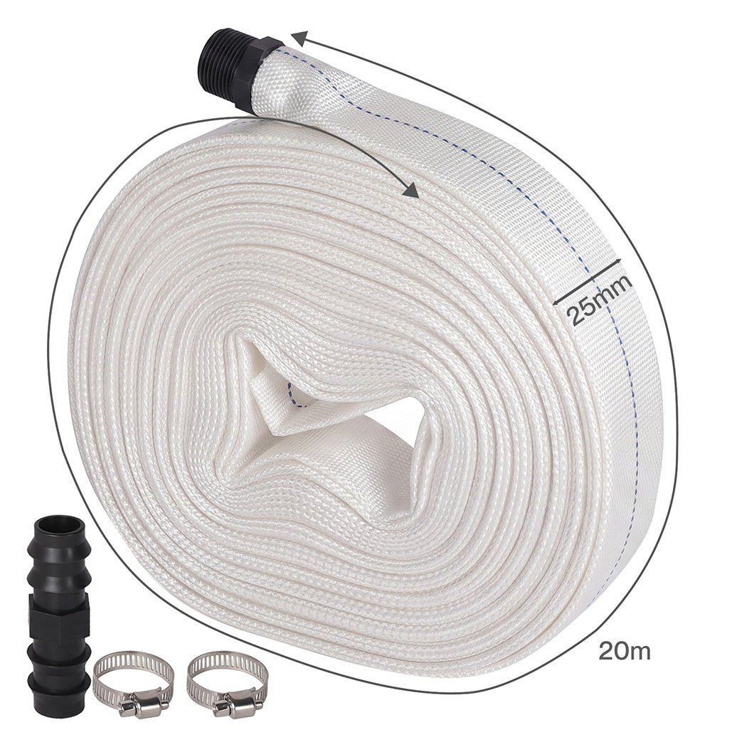Traderight Hose Pipe Heavy 20m x 25mm Layflat PVC Pump Drainage with Clips White