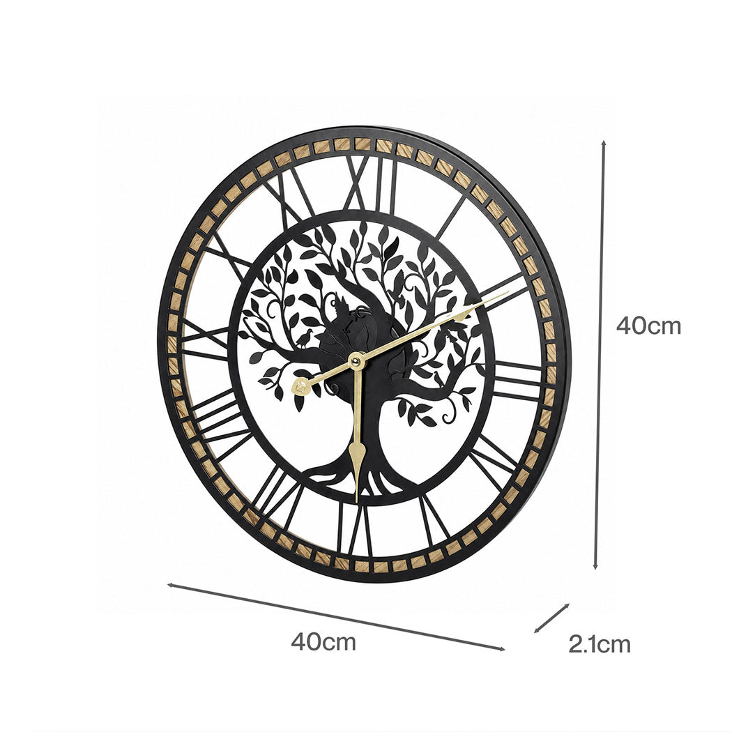 Yezi Wall Clock 40cm Vintage Tree Design Silent Quartz Iron Wood Black