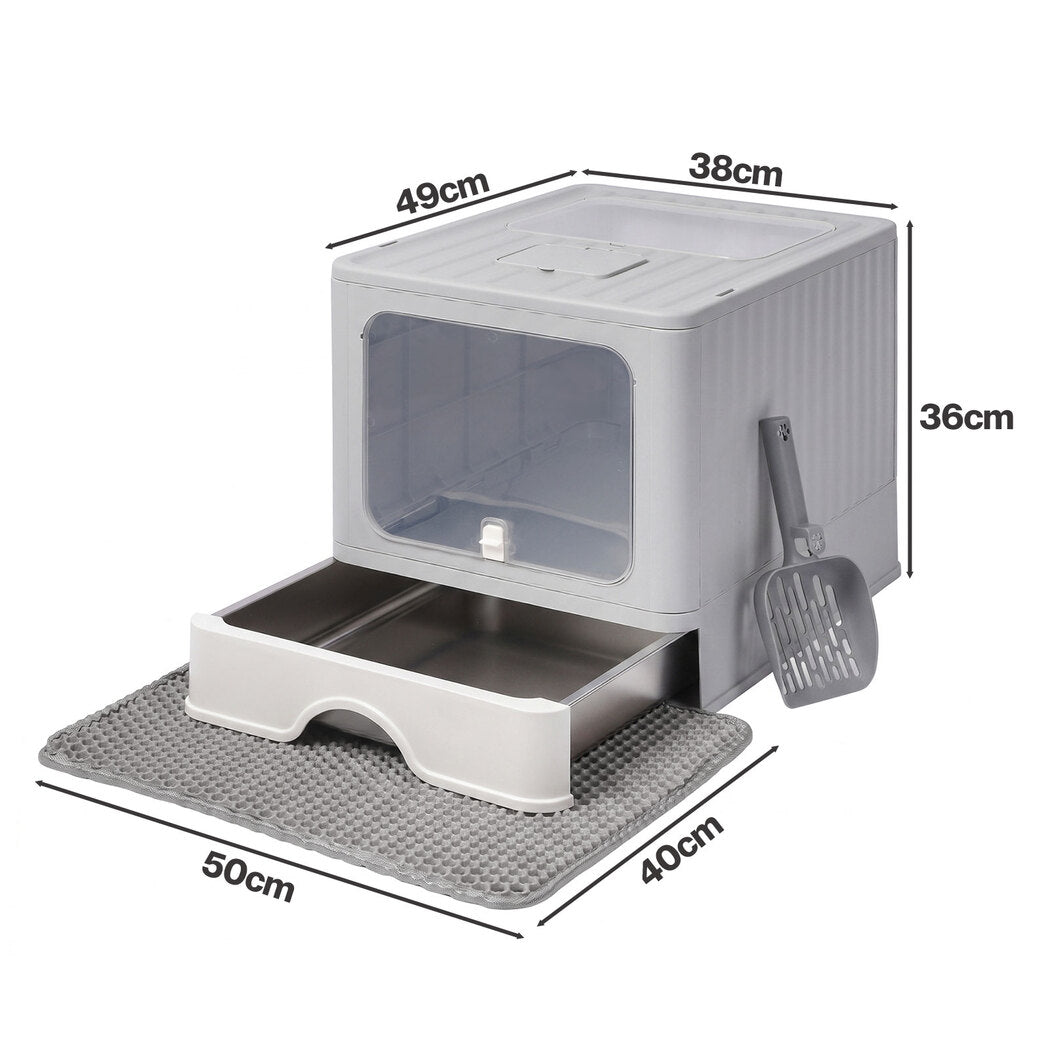 PaWz Cat Litter Box Stainless Steel Enclosed Drawer Odor Control Foldable Grey