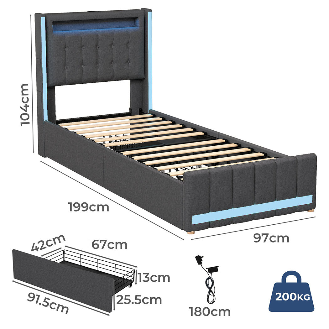 Levede Single Bed Frame Fabric Storage Drawer LED USB