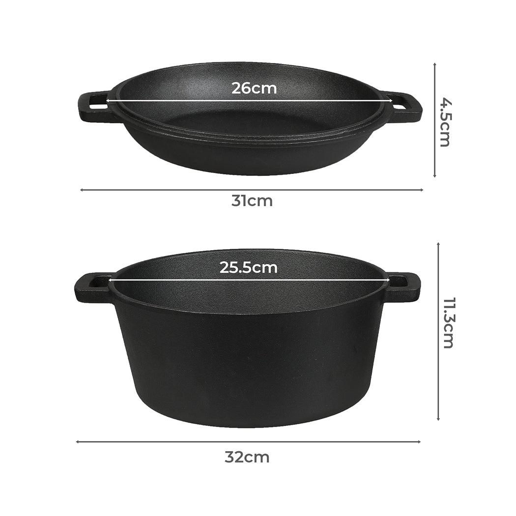 Toque 5.84L Double Dutch Oven 2 in 1 Cast Iron Pan