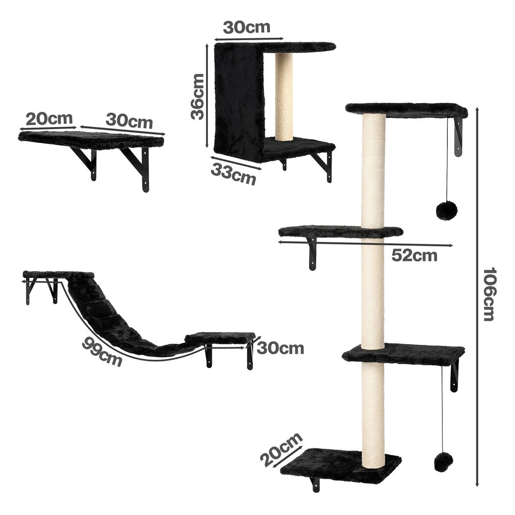 PaWz Cat Wall Shelves set 4 In 1 Modular with Sisal Scratcher for Indoor Black