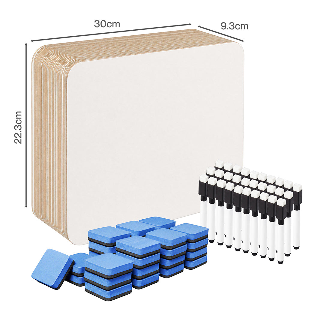 Levede Mini Whiteboard 30 Pack 2 Sided with Pens Erasers Classroom White