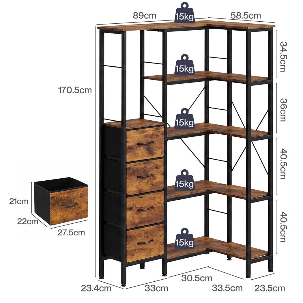 Levede Corner Bookshelf with 4 Fabric Drawers & LED Light 5 Tier Bedroom Rustic