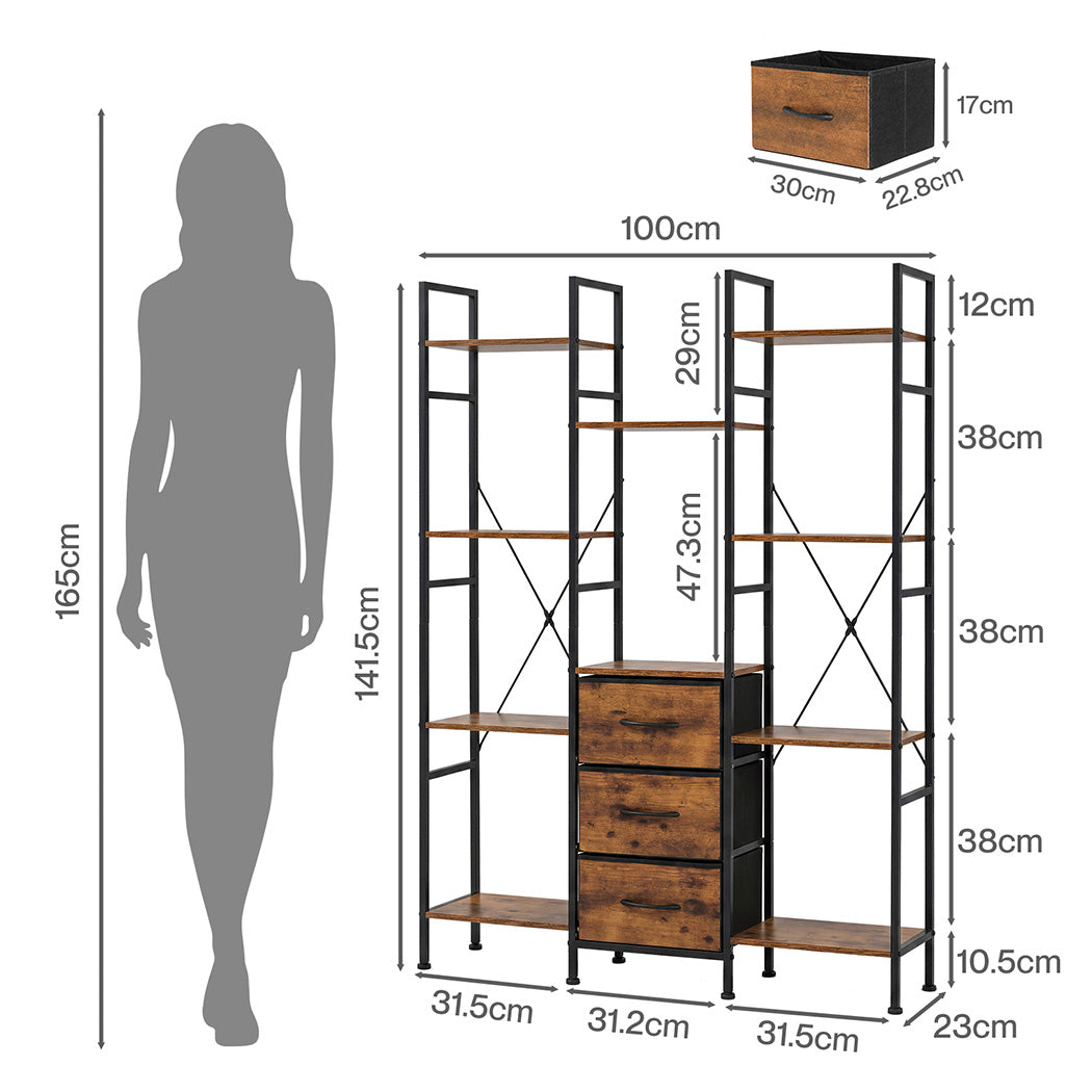 Levede Bookshelf 10 Open Cubes 3 Fabric Drawers Wood Black