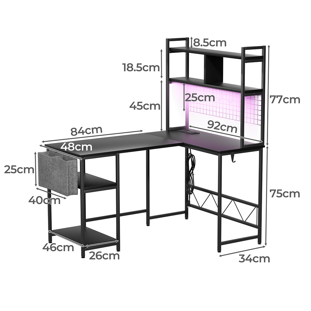 Levede L Shaped Gaming Desk with LED Lights Black