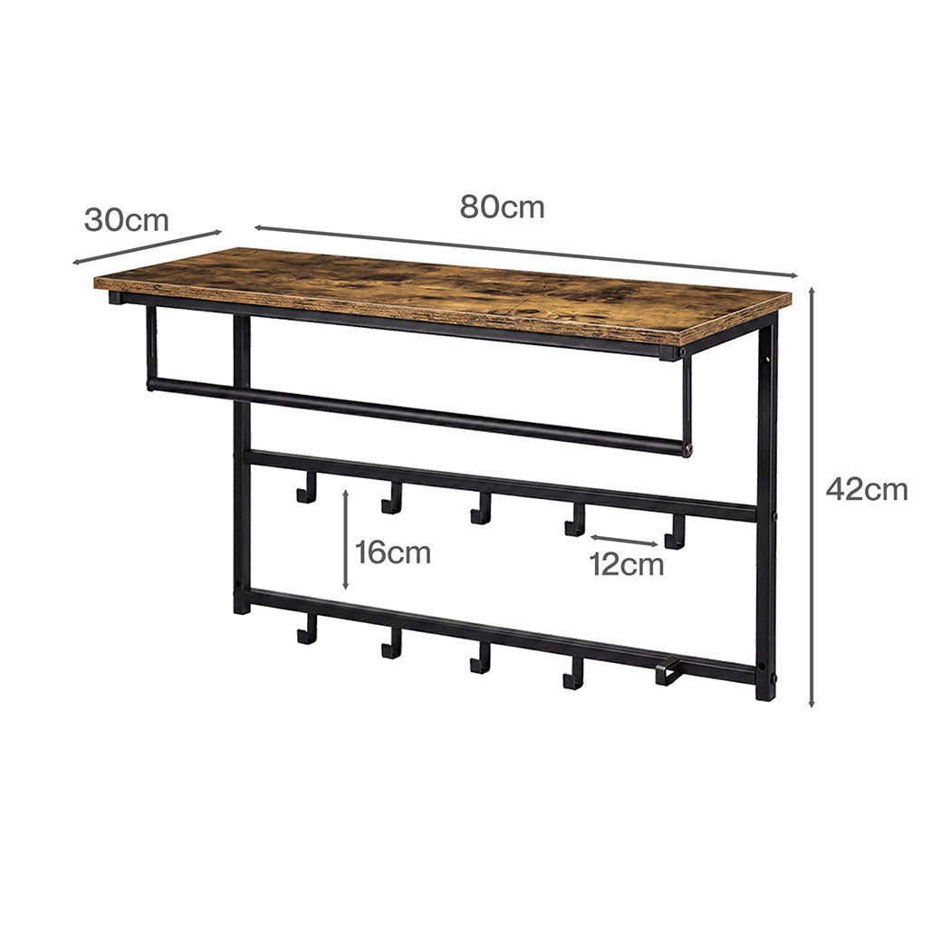 Levede Floating Shelves 10kg Wall Shelf Hooks Coat Rack Metal Wood Black
