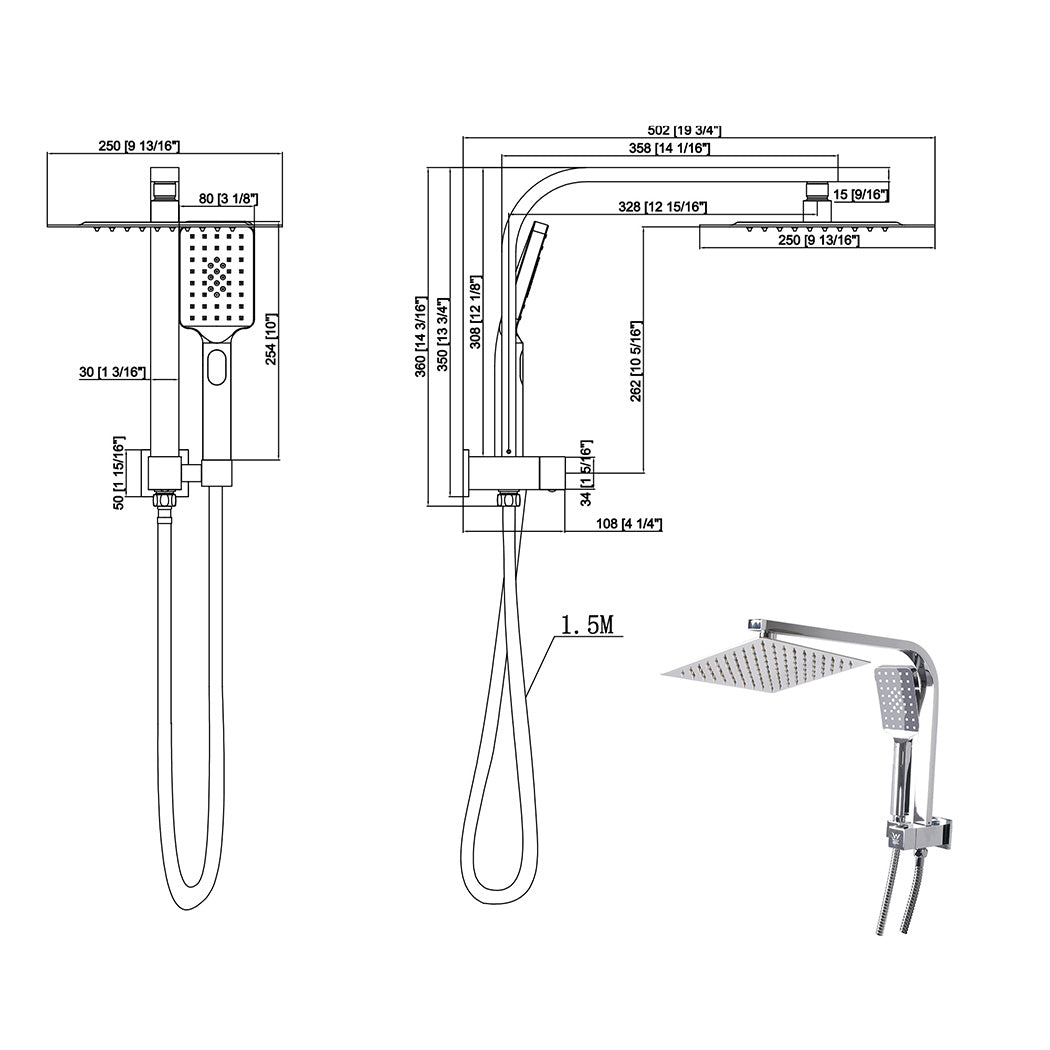 High Pressure Shower Head Set Rain Square Silver