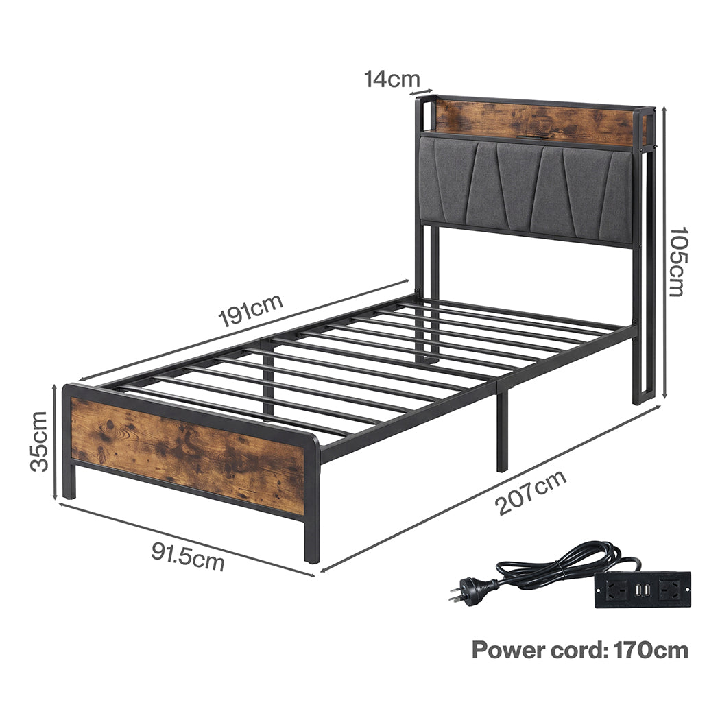 Levede Single Bed Frame Industrial Tufted Soft Storage Headboard USB Charge