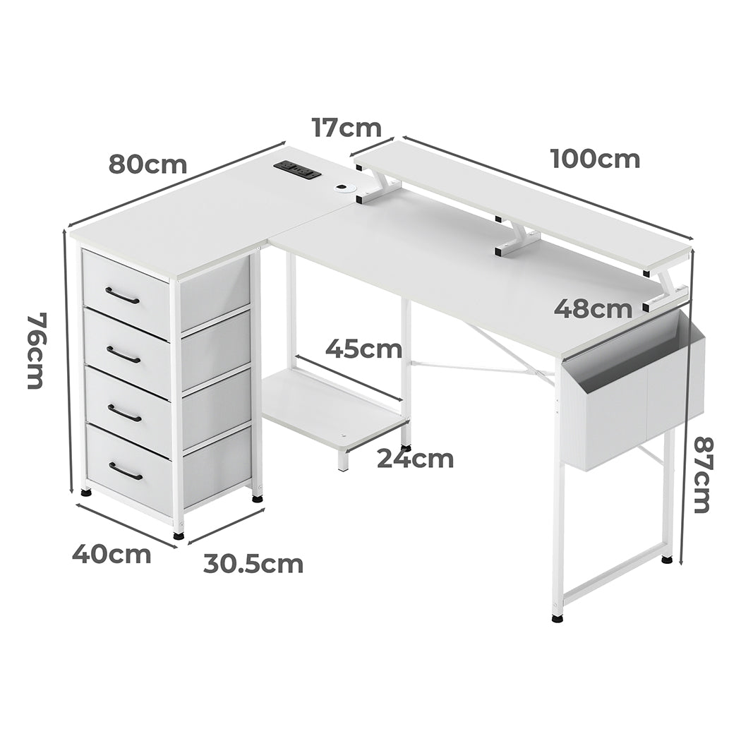 Levede L Shaped Gaming Desk with Storage Drawers White