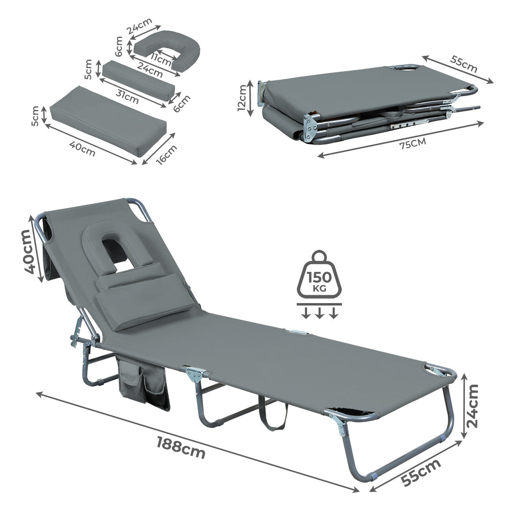 Levede Foldable Beach Lounge Chairs with Face Hole Grey