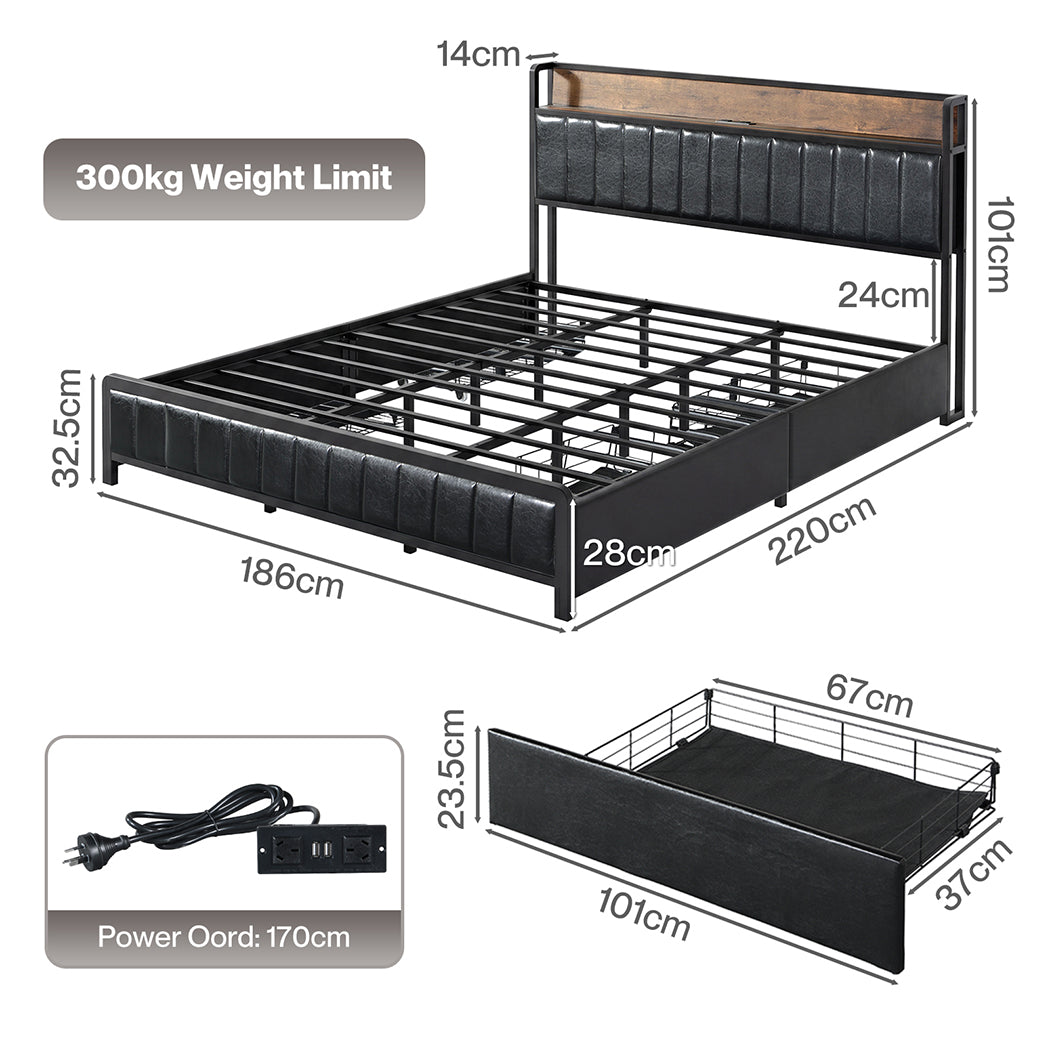 Levede King Bed Frame PU Mattress Base Storage Drawer Headboard USB Charge