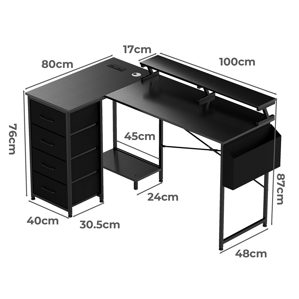 Levede L Shaped Gaming Desk with Storage Drawers Black