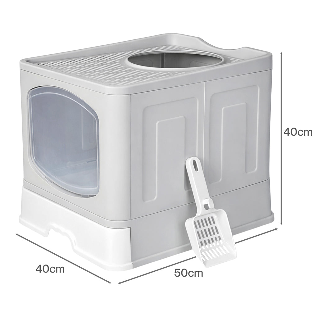 Pawz Large Cat Litter Box Foldable Top Entry Covered Litter Tray Scoop Grey