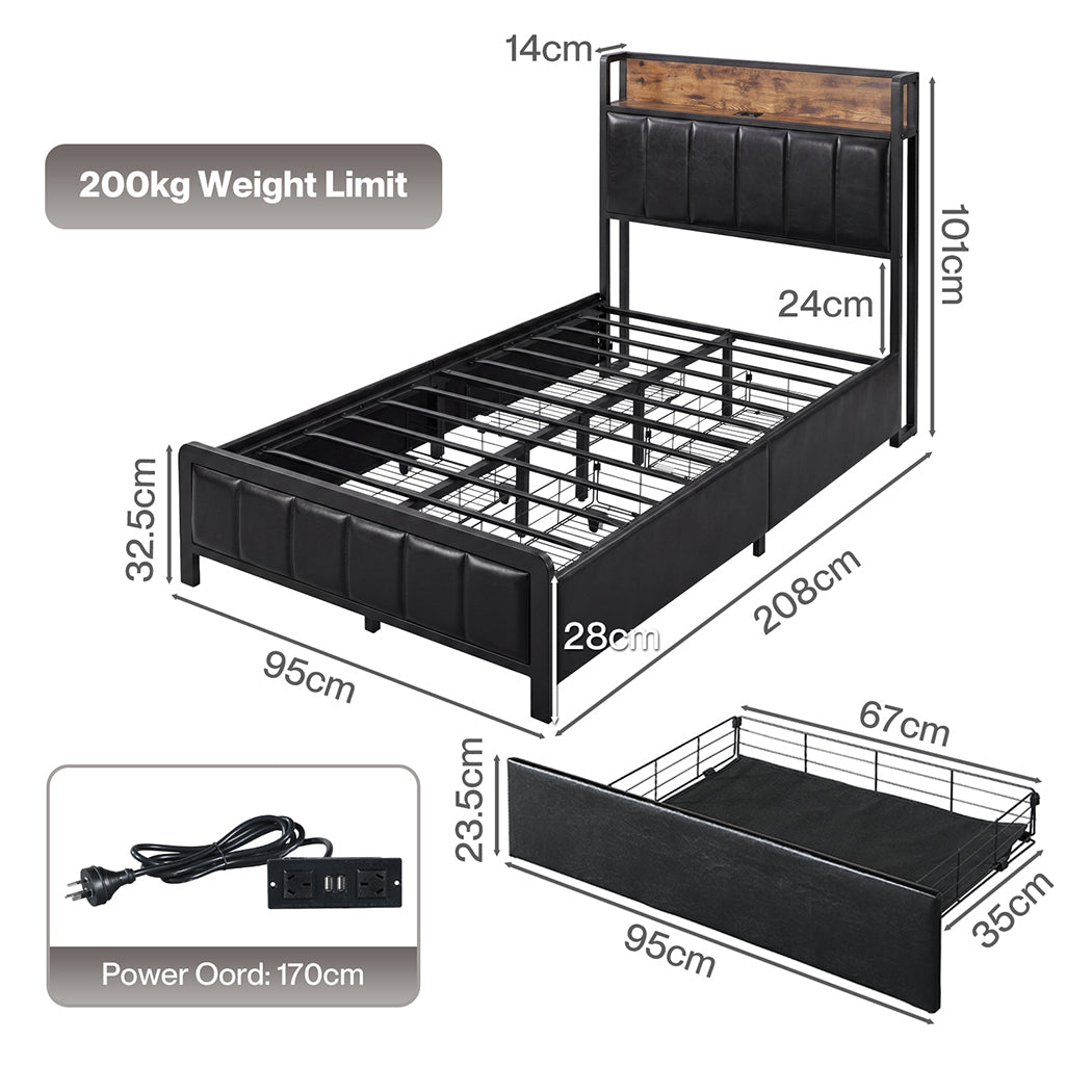 Levede Single Bed Frame PU Mattress Base Storage Drawer Headboard USB Charge