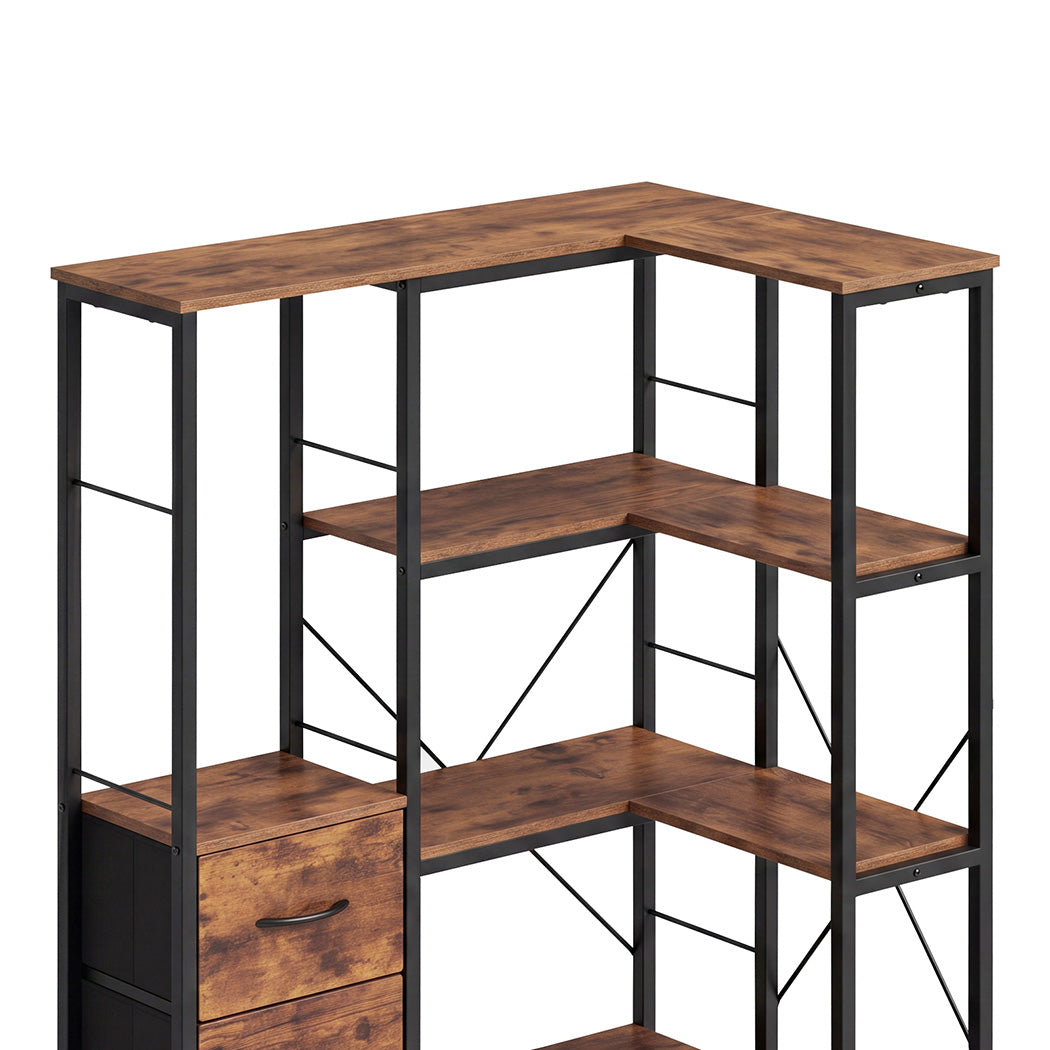 Levede Corner Bookshelf with 4 Fabric Drawers & LED Light 5 Tier Bedroom Rustic