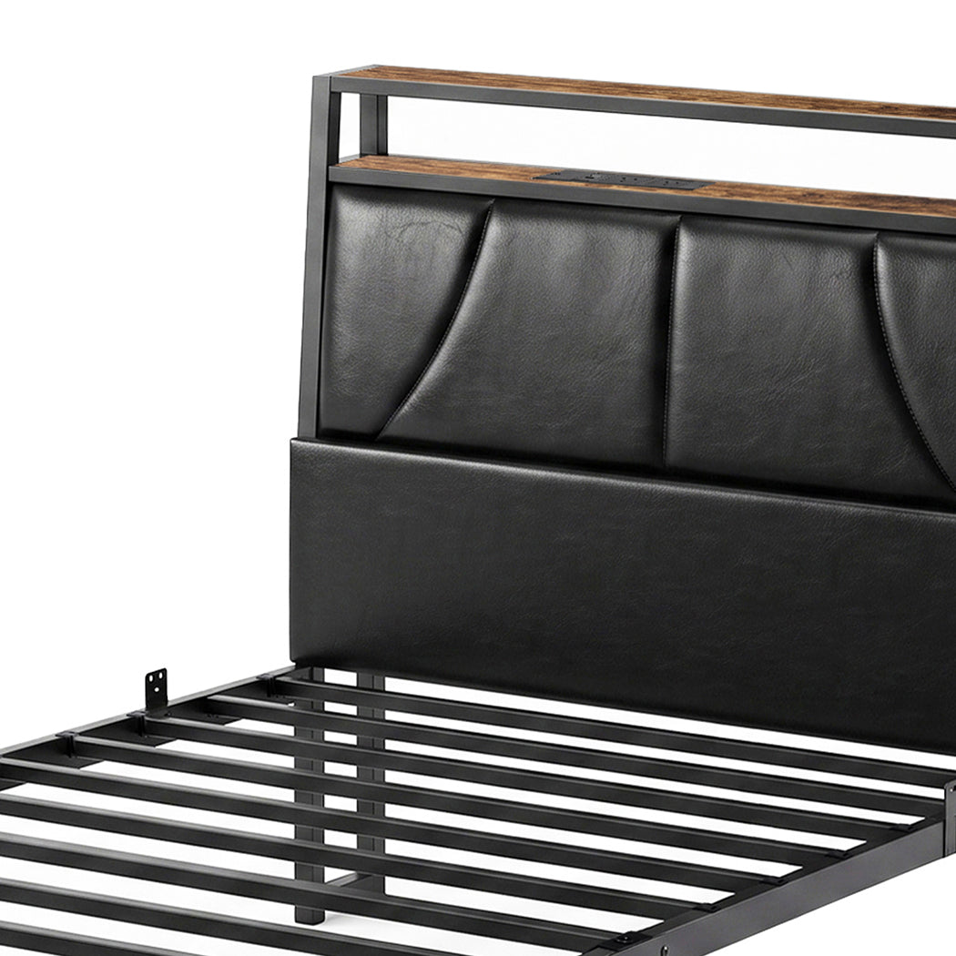 Levede Single Bed Frame PU Upholstered LED Storage Headboard Charging Home Black
