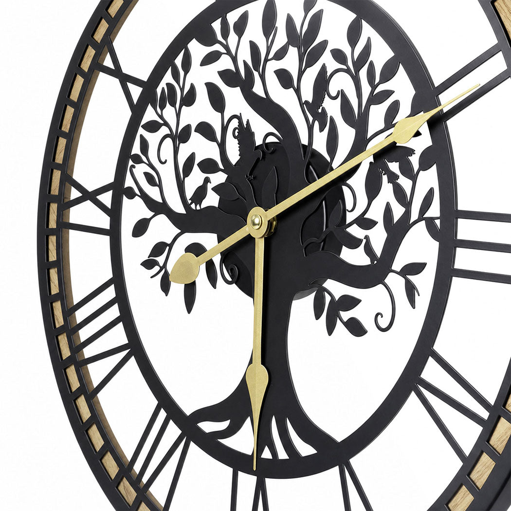 Yezi Wall Clock 40cm Vintage Tree Design Silent Quartz Iron Wood Black