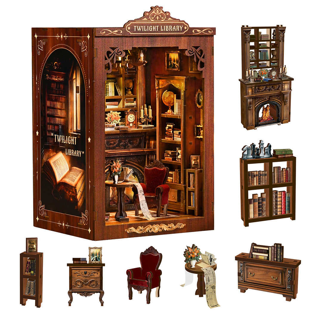 Bo Peep Book Nook Kit For Adults Miniature Bookstore Model with Warm LED Walnut