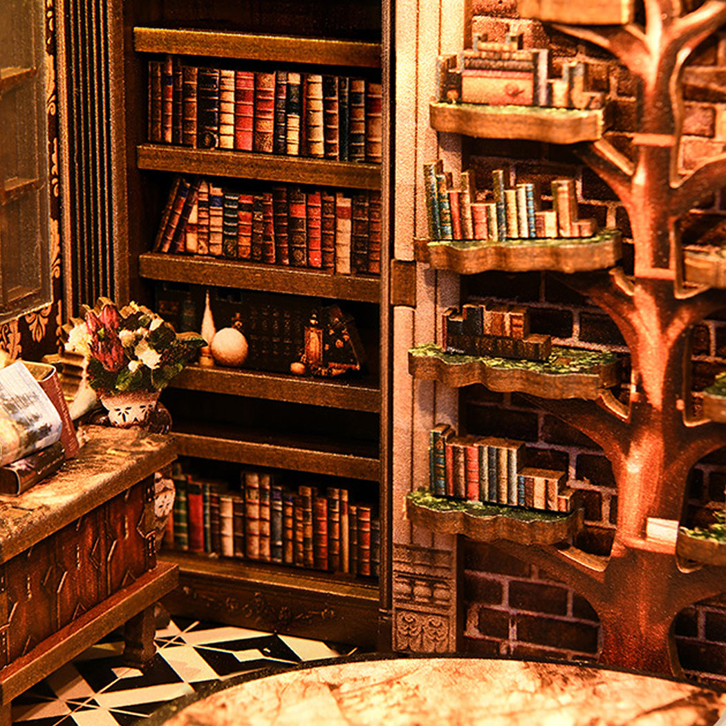 Bo Peep Book Nook Kit 356Pcs LED Miniature Library House For Bookshelf Walnut