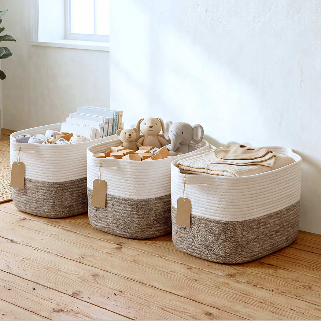 Levede Storage Baskets Laundry Bins 3Pcs Foldable with Handles Cotton Rope Brown