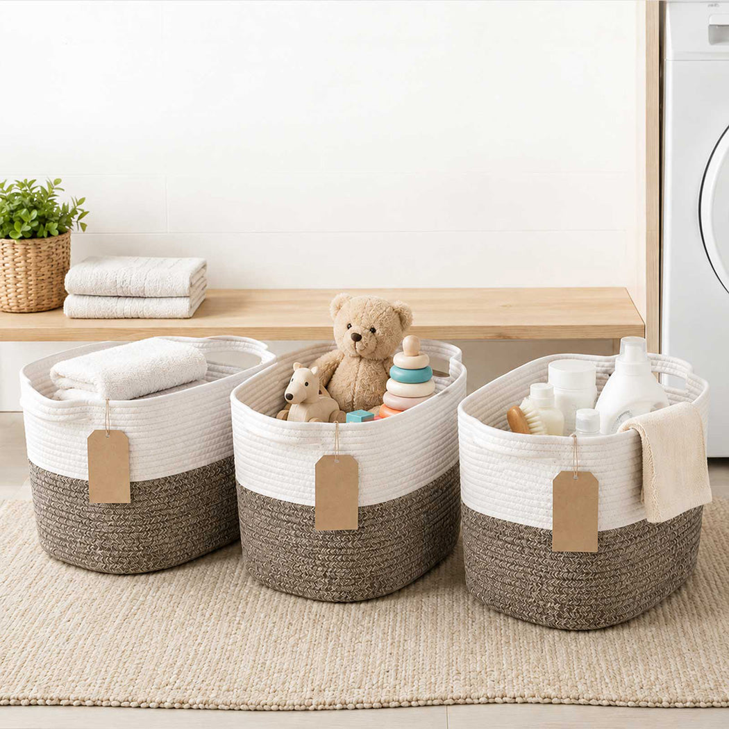 Levede Storage Baskets Laundry Bins 3Pcs Foldable with Handles Cotton Rope Brown