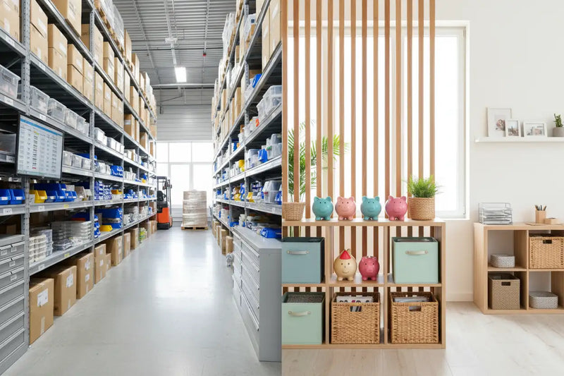 Create a image for keyword storage and organization which includes warehouse things like cabinets, racks etc and in home like room divider chlidren money boxes etc