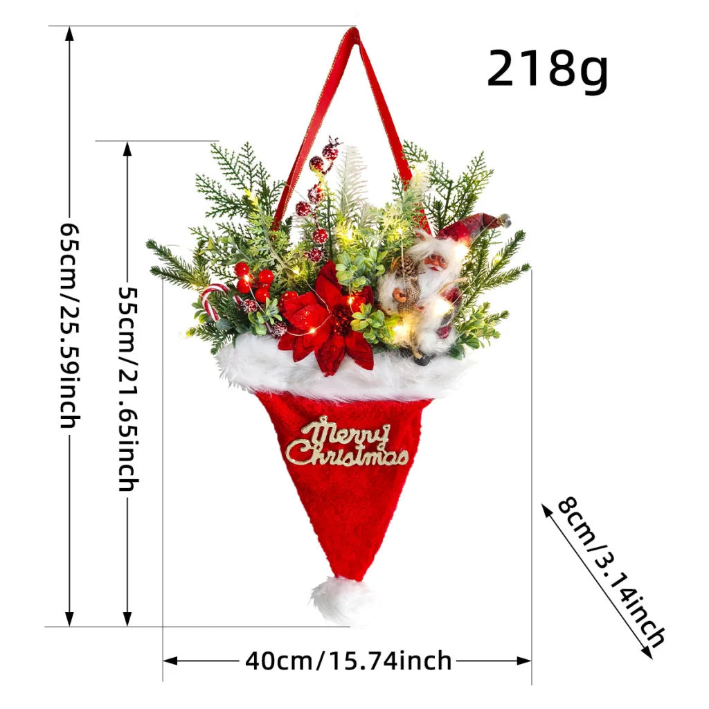 Illuminated Santa Hat Door Hanger with Holiday Greenery &