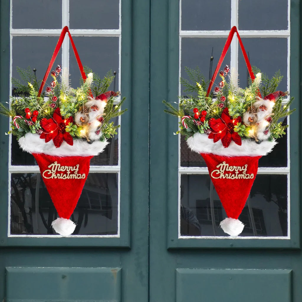 Illuminated Santa Hat Door Hanger with Holiday Greenery &