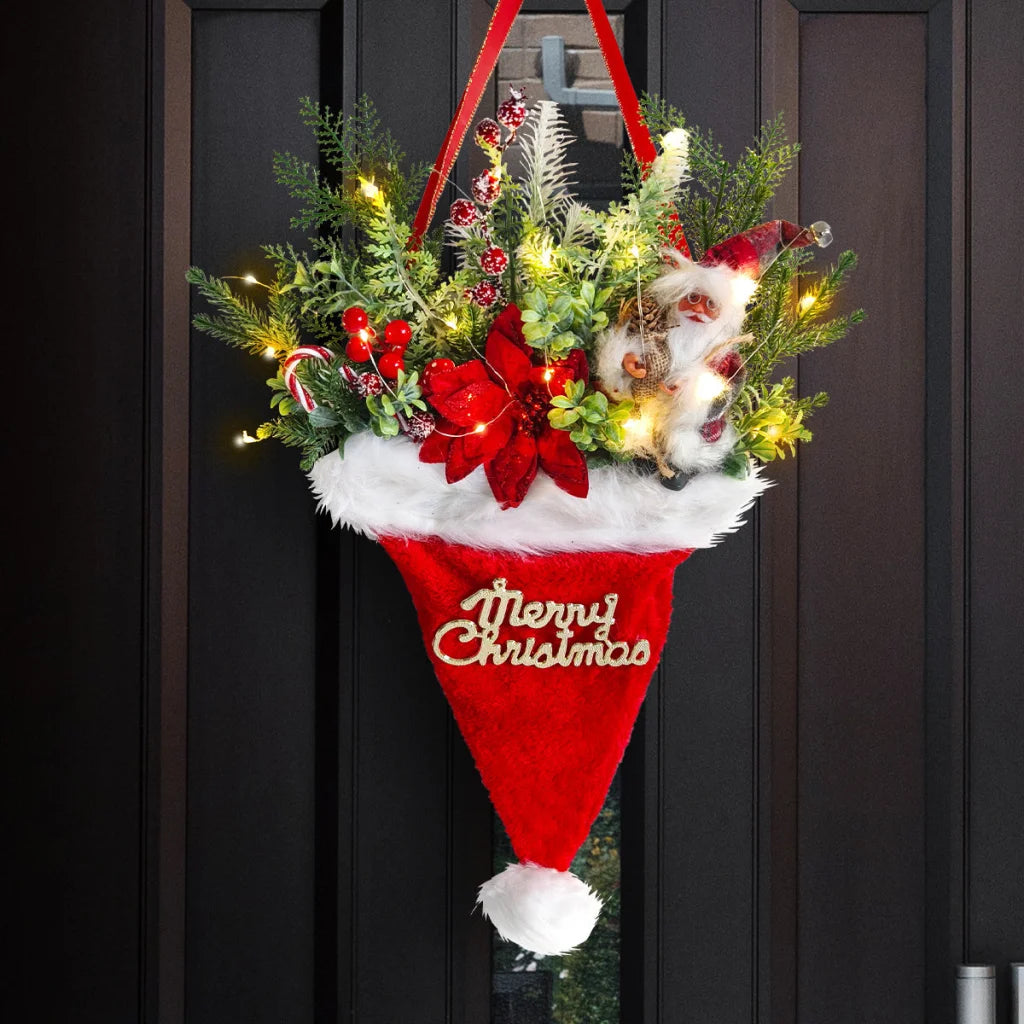 Illuminated Santa Hat Door Hanger with Holiday Greenery &