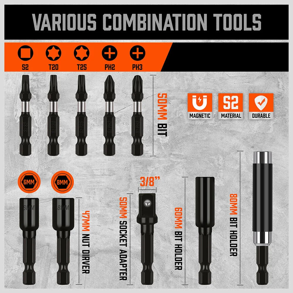 Impact Screwdriver Bit Set 34Pc Nut Driver Magnetic Drill