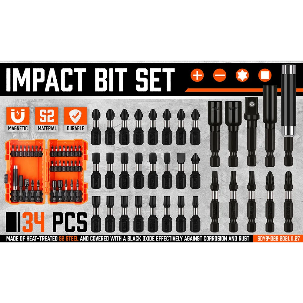 Impact Screwdriver Bit Set 34Pc Nut Driver Magnetic Drill
