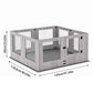 Glass dog kennel with assembled base supports and lower rails