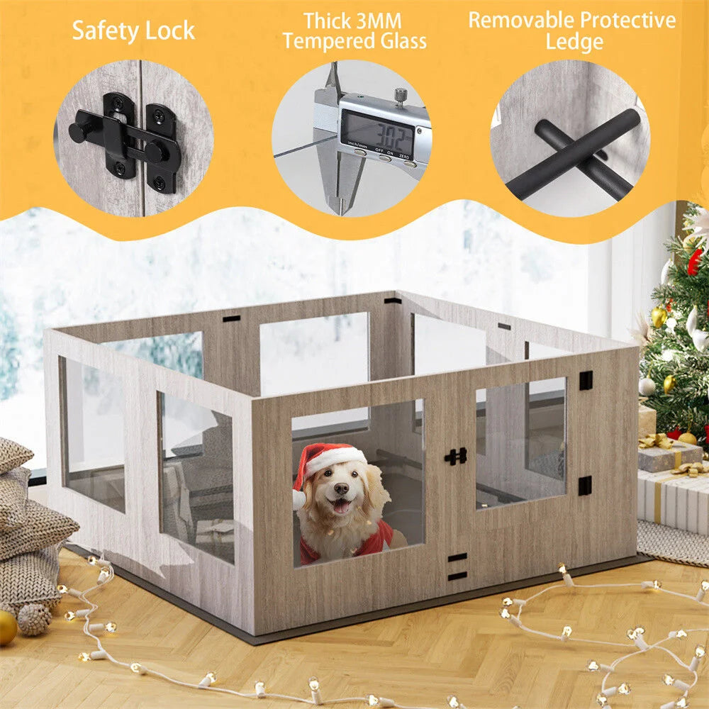 Indoor Dog Pen Tempered Glass Kennel w/ Pad - Pet Care >