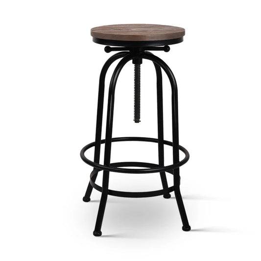 Industrial Bar Stool Round Seat Wood Metal - Black & Brown