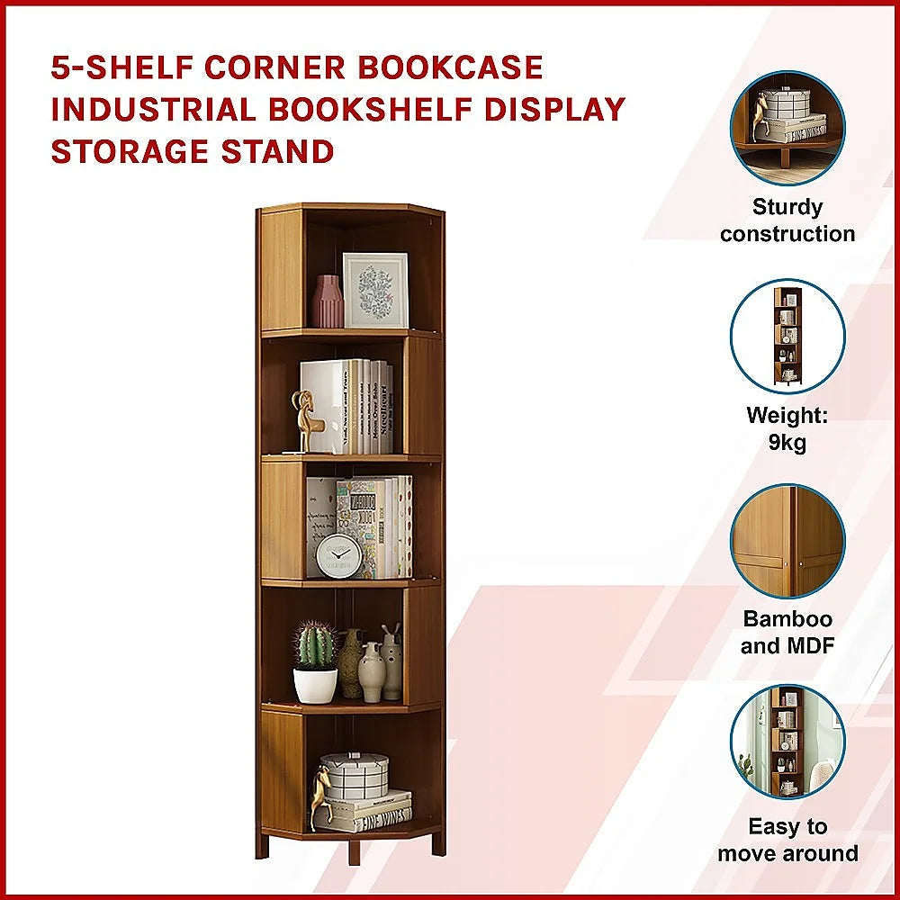 Industrial Corner Bookcase 5-Shelf Bookshelf Display