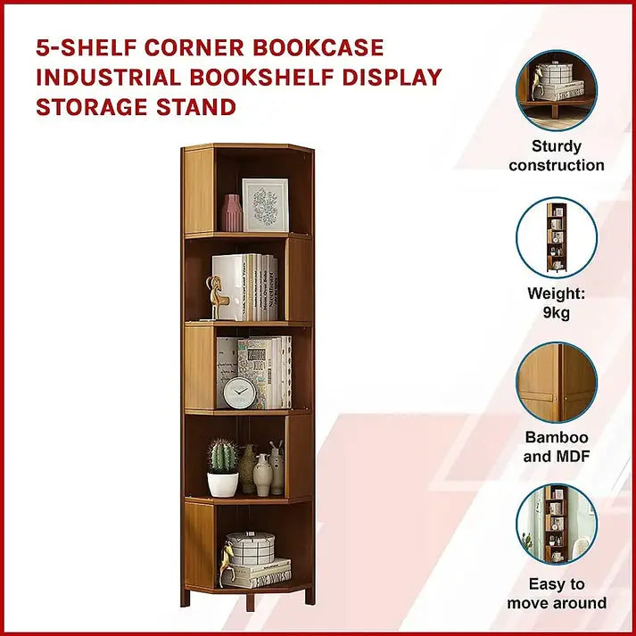 Industrial Corner Bookcase 5-Shelf Bookshelf Display